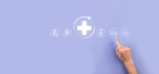 Businessman hold virtual plus medical network connection icons. Covid-19 pandemic develop people awareness and spread attention on their healthcare.Doctor,document,medicine,ambulance,patient icon.