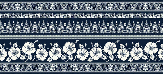Hibiscus flower border with traditional Asian design elements - obrazy, fototapety, plakaty