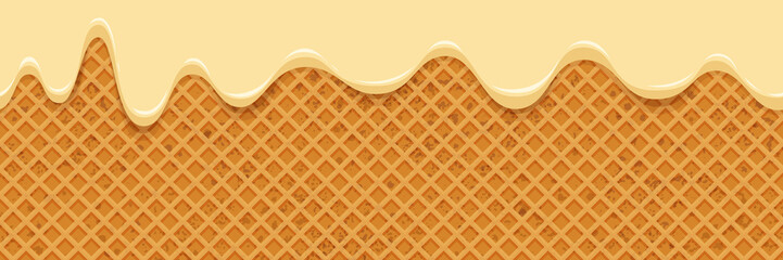 Ice cream melted on waffle background. Seamless pattern sweet icecream flowing down on cone. Glaze or caramel dripping on wafer texture backdrop. Vector illustration - obrazy, fototapety, plakaty