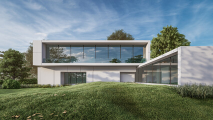 Fototapeta na wymiar 3D rendering illustration of modern house with natural landscape