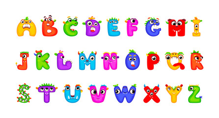 English alphabet with funny monsters. Set of Monster funny cut aphabet with English letter. letters. Colorful cartoon children Education and development of children detailed colorful Illustrations