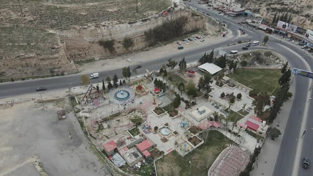 Aerial view over a small amusement park in Karak, Jordan