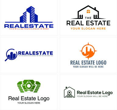 Real estate logo design with home building line art city apartment business marketing vector illustration