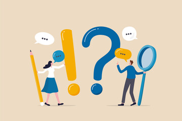 Question and answer, FAQ, frequently asked questions or problem solving, solution or support idea concept, businessman and woman with exclamation mark, question mark with speech bubble conversation. - obrazy, fototapety, plakaty