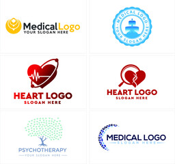 A set of medical healthy logo design with icon symbol heartbeat magnifying glass and green tree nature psychotherapy vector illustration
