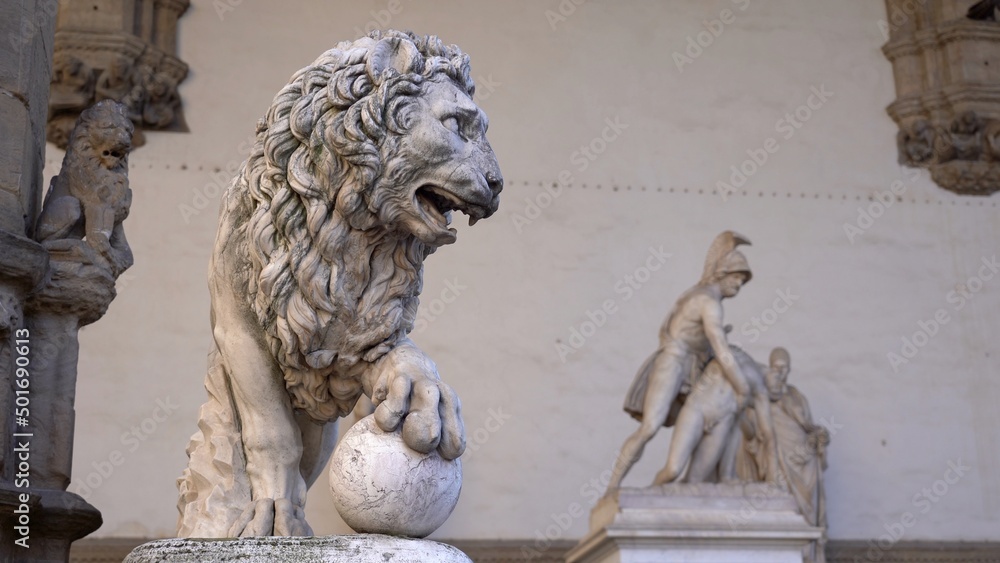 Wall mural europe, italy , florence 2022 - leon animal marble statue in uffizi gallery. it is an important art 