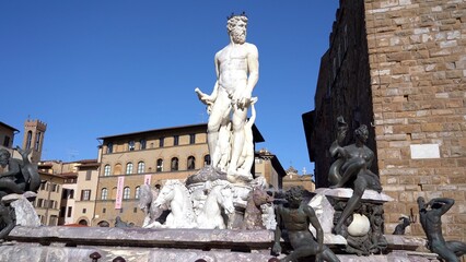 Europe, Italy , Florence 2022 - Neptune ( Nettuno ) Mable fountain   statue in Uffizi Gallery. It...