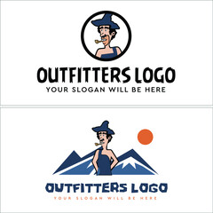Outfitter climb mountain icon logo with man wear tattered clothes symbol design vector illustration
