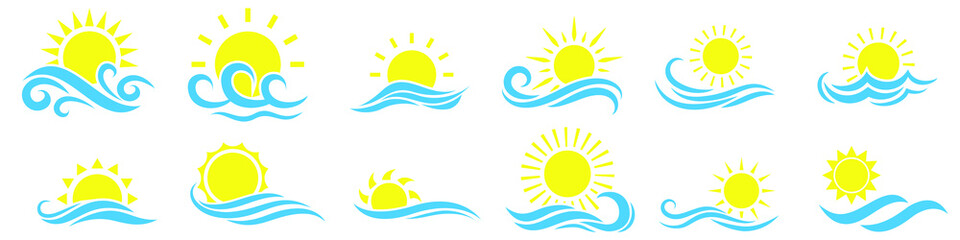Sun and sea icon vector set. sunrise and sunset illustration sign collection. seaside vacation symbol. waves logo.