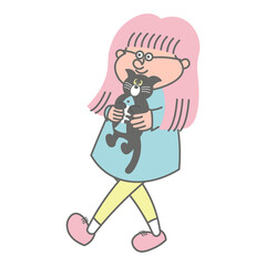 猫を抱きかかえている子供のイラスト素材