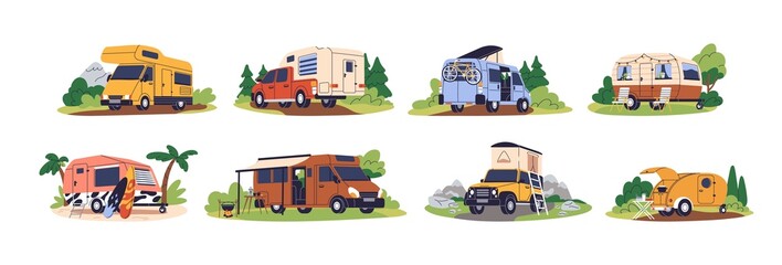Camper cars, holiday caravans, vans, trailers, summer motorhomes, camping RV set. Mobile auto vehicles for travel, vacation in campsite, nature. Flat vector illustrations isolated on white background - obrazy, fototapety, plakaty