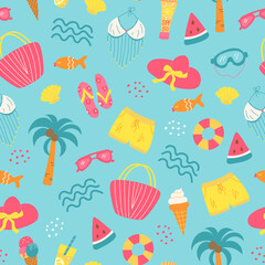 Colorful summer seamless pattern. Vector elements of clothing, palm trees, bathing accessories, watermelon and ice cream