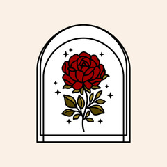 Hand drawn vintage botanical rose flower, leaf branch elements and modern linear arch frame for feminine logo and beauty brand	