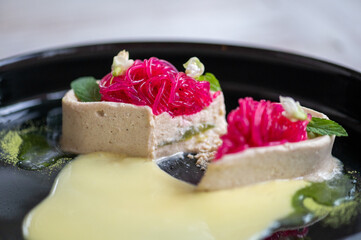 Plant based vegan dessert. Creative presentation of food