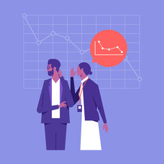 The insider woman is telling the secret information to the man. The woman is telling the business is decreasing trend of her company to investor, corporate data protection campaigns concept