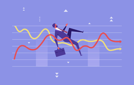 Financial Investment Volatility, Uncertainty Or Change In Business And Stock Market Concept, Businessman Investor Fall On Uncertainty, Volatile Up And Down Arrow Profit Graph