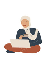 Muslim woman with laptop in modern style. Freelancer girl in hijab. Concept of online education.Flat vector illustration isolated on white background.