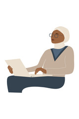 Black muslim woman with laptop in modern style. Freelancer girl in hijab and glasses. Concept of online education.Flat vector illustration isolated on white background.