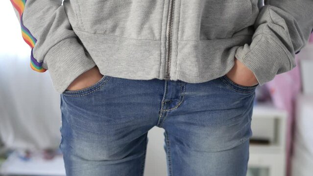 Sad Young Girl Showing Empty Pants Pockets. Unemployed Adolescent No Money in Pockets. Financial Crisis Poverty Debts Bankruptcy 