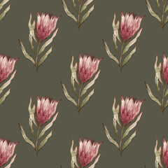 Watercolor branch flower tropical protea seamless pattern. Print for texile, fabric, stationery, cover, packaging, wallpaper