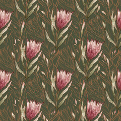 Watercolor branch flower tropical protea seamless pattern. Print for texile, fabric, stationery, cover, packaging, wallpaper
