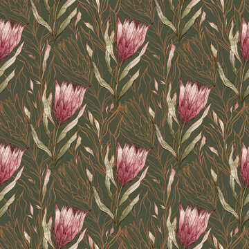 Watercolor branch flower tropical protea seamless pattern. Print for texile, fabric, stationery, cover, packaging, wallpaper