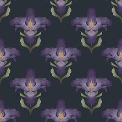 Watercolor retro bud flower iris seamless pattern. Print for fabric, textile, wallpaper, covers, packaging, paper