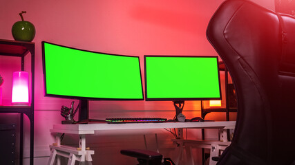 Professional workstation and gaming computer, to play video games online or do professional design and multimedia work. In a room with colorful neon led lights.