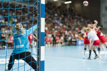 Detail of handball goal post with net and penalty shot in the background.