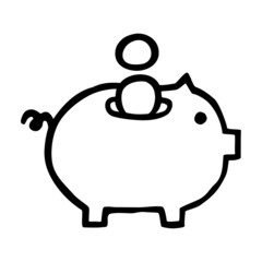Doodle piggy bank icon or logo, hand drawn with thin black line.