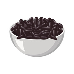 Black seeds in peel in metal bowl. Fatty healthy food, delicious snacks, cooking nuts. Vector flat illustration