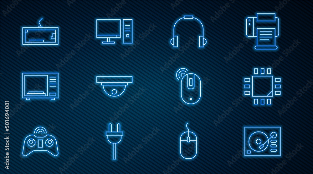Poster set line vinyl player, processor with microcircuits cpu, headphones, motion sensor, microwave oven, 