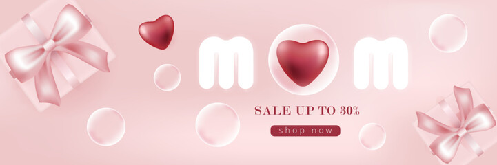 mother's day banner with bubbles and 3d hearts