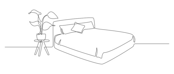 Continuous one line drawing of double bed with pillows and blanket and house plant. Modern furniture for stylish bedroom in simple linear style. Editable stroke. Doodle vector illustration