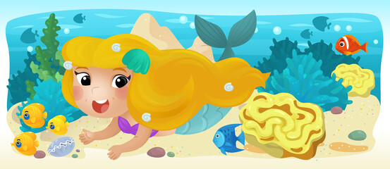 Cartoon ocean mermaid swimming with fishes