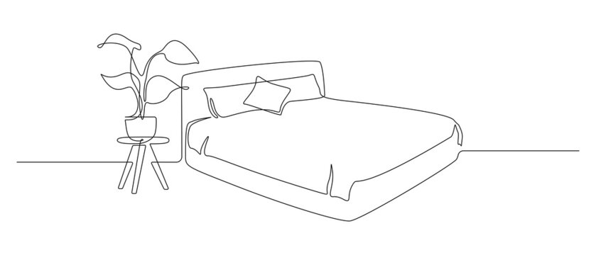 recommend clip art: Continuous one line drawing of double bed with pillows and blanket and house plant. Modern furniture for stylish bedroom in simple linear style. Editable stroke. Doodle vector illustration