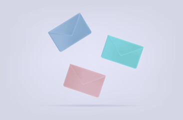 3d closed envelop or letter. Send notification, electronic document. Vector banner. Three paper, postal envelopes are flying. Receiving incoming mail. Incoming sms, verified notifications concept