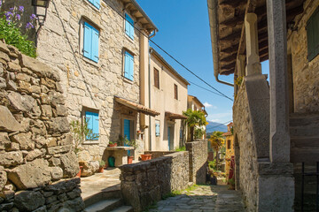 An historic residential street of in the medieval village of Hum in Istria, western Croatia, often...