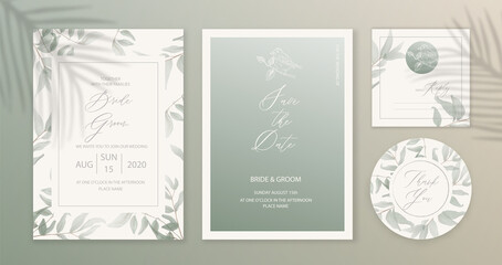 Greenery wedding invitation card background with green watercolor botanical leaves. Abstract floral art background vector design for wedding and vip cover template.