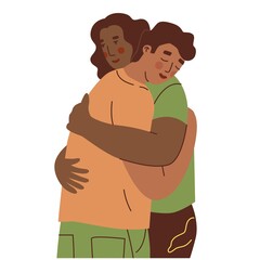 Interracial relations.Two people are hugging. Hugs, love, forgiveness. A couple of lovers. Warm relations between people. Love for your neighbor. Vector illustration in flat style. Isolated elements.