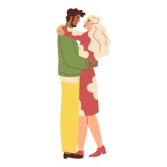 The guy hugs the girl. Protecting a loved one. Hugging, love, relationship. A couple of lovers. Warm relations between people. Love for your neighbor. Vector illustration in flat style. Isolated