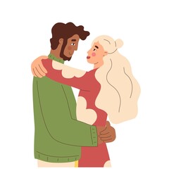 Interracial relations.Two people are hugging. Hugs, love, relationship. A couple of lovers. Warm relations between people. Love for your neighbor. Vector illustration in flat style. Isolated elements.