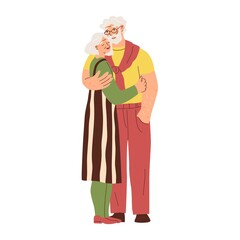 Hugging people. European, elderly couple. Feeling love and positive emotions. Married people. Warm relations between man and woman. Valentine day. Vector illustration.