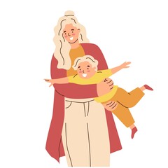 Mom and son. Mather hold his child. Parent plays with kid. Happy family. The upbringing and care of children. Flat style in vector illustration. Isolated persons.