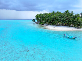 Blue Maldive islands seascape with geen foliage