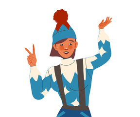 Positive Woman Character in Winter Hat with Smiling Face Feeling Euphoric and in High Spirits Showing V Sign Hand Gesture Vector Illustration