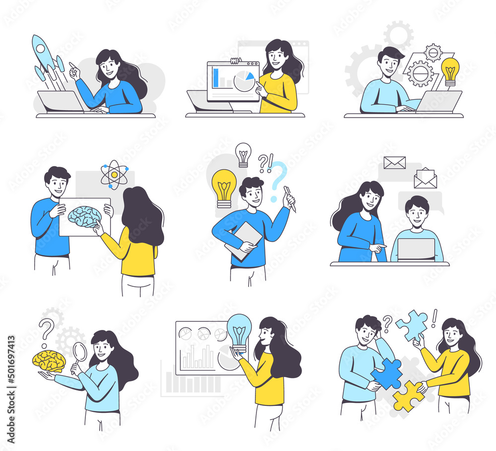 Poster business project with people character working with startup outline vector illustration set