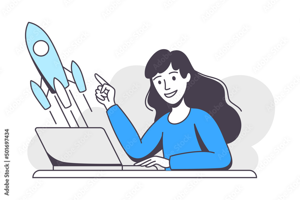 Poster business project with woman character with laptop and rocket launch working with startup outline vec
