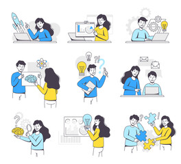 Business Project with People Character Working with Startup Outline Vector Illustration Set