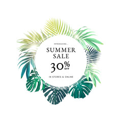 Summer tropical background with exotic palm leaves and hibiscus flowers. Vector floral background. - 501697420